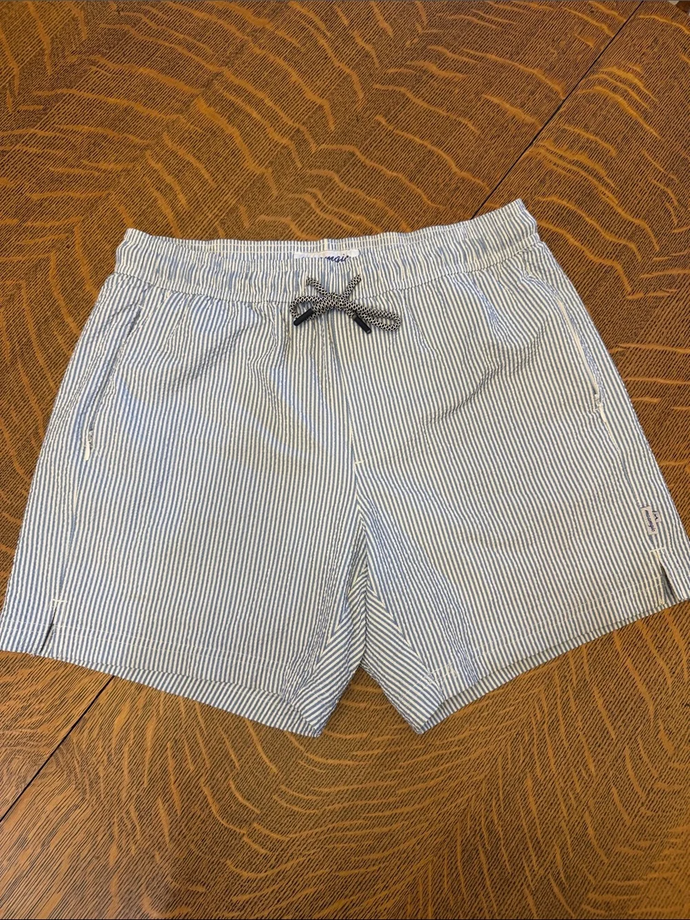 Men's Seersucker Drawstring Swim Trunks - Light Blue/White